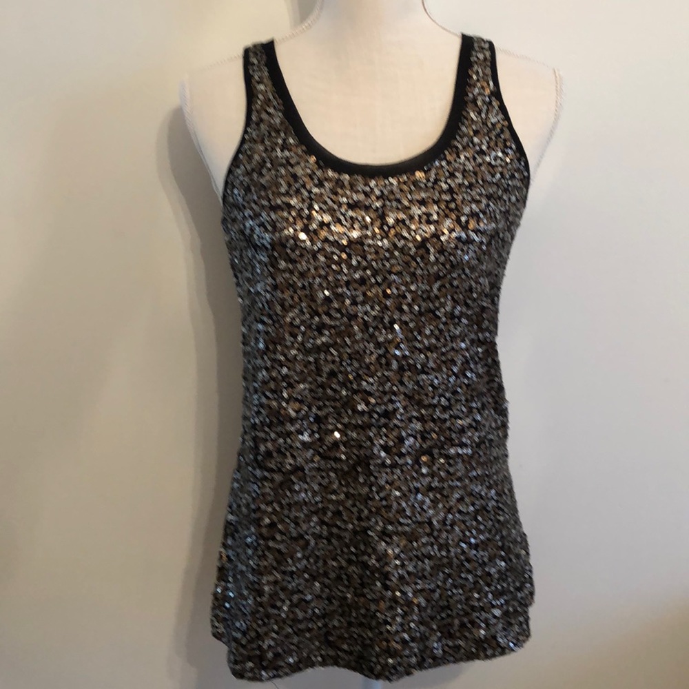 Black tank top with gold and silver sequin on front. Express, Size S like new.